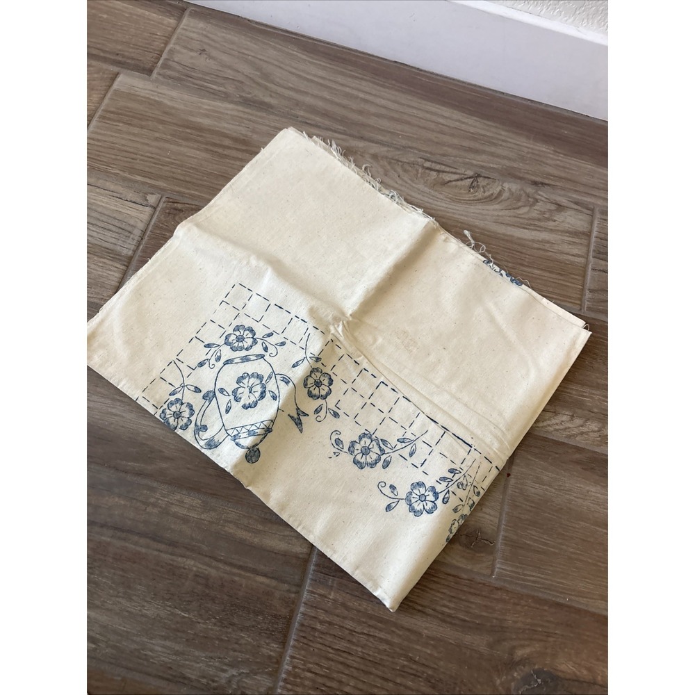 Vintage Cream Fabric Embroidery W/ Blue Flowers Rectangle Table Cloth 33" x 55"